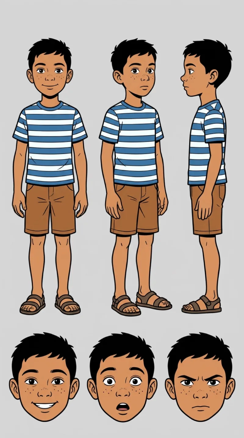 Fiche héros d'un personnage : le même enfant dessiné de face, de trois-quarts et de profil