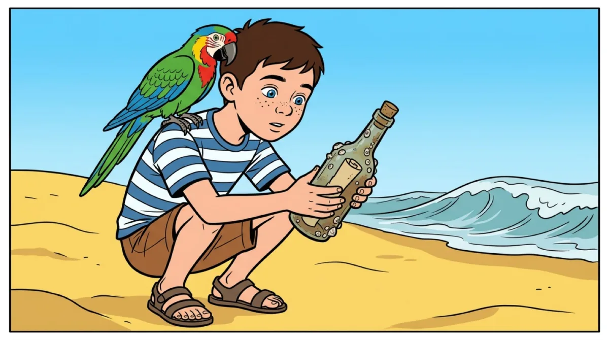 Première planche de l'album : sur la plage, Hugo découvre une bouteille contenant une carte au trésor