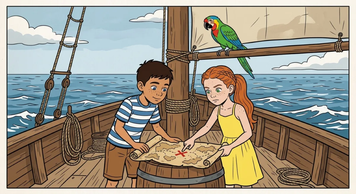 Page 2 : Léa et Hugo déplient la carte au trésor sur le pont du voilier