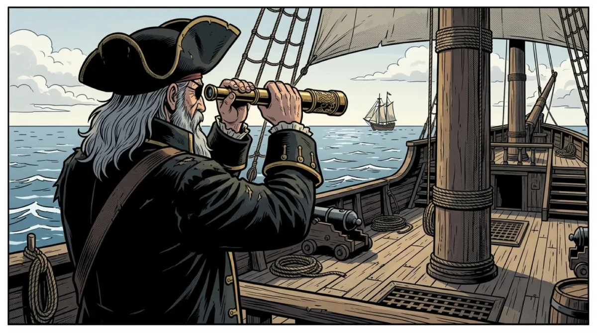 Page 4 : un vieux pirate observe l'horizon à la longue-vue