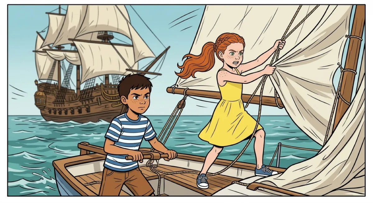 Page 5 : le galion pirate de Brumecrâne apparaît à l'horizon, le voilier fonce pour lui échapper