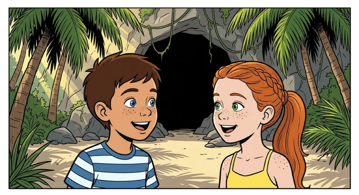 Page 6 : les enfants découvrent l'entrée d'une grotte secrète sur l'île
