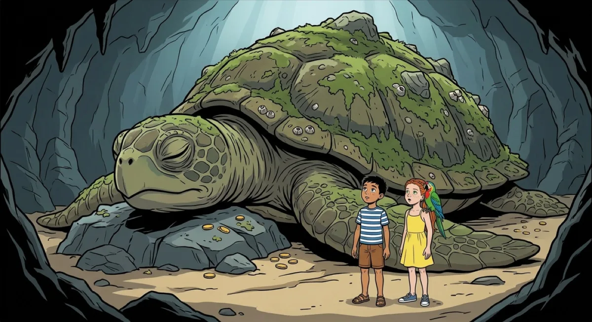 Page 7 : au cœur de la grotte, une tortue géante endormie émerveille les enfants