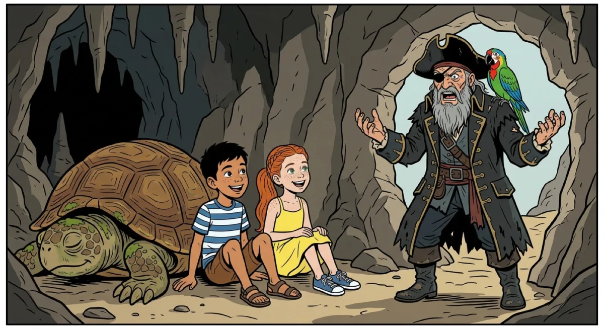 Page 8 : le vieux pirate raconte son histoire aux enfants et à la tortue géante